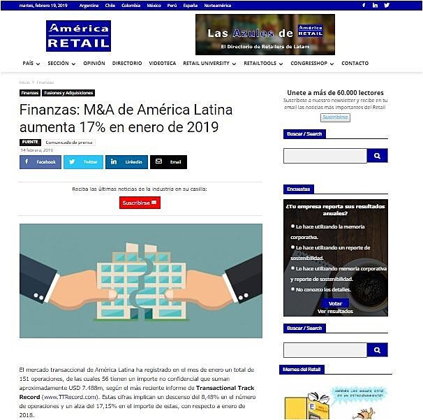 M&A de Amrica Latina aumenta 17% en enero de 2019